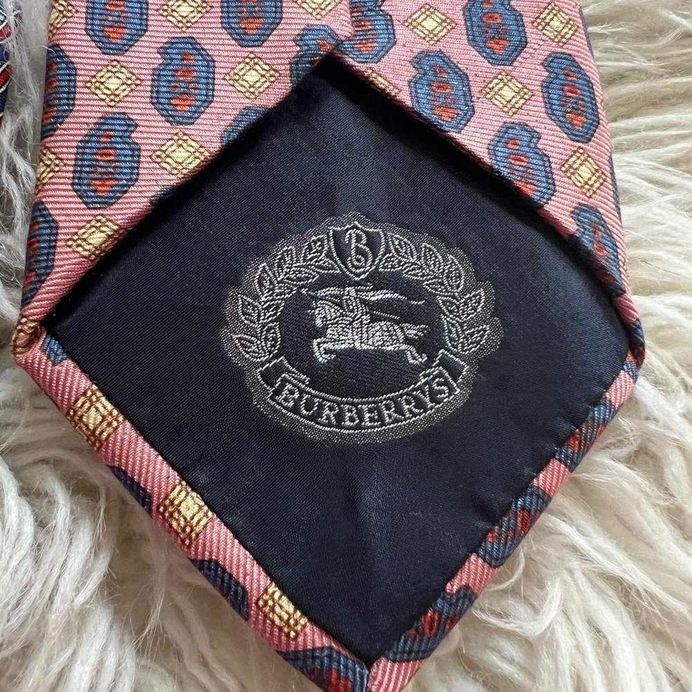 Vintage Burberry Silk Tie Bundle Set of 2 Pink Crest & Red White Blue Woven - Picture 3 of 5